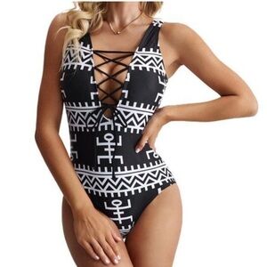 Dear-Lover Black/White Geometric Design Lave Up V-Neck One Piece Swimsuit 3XL